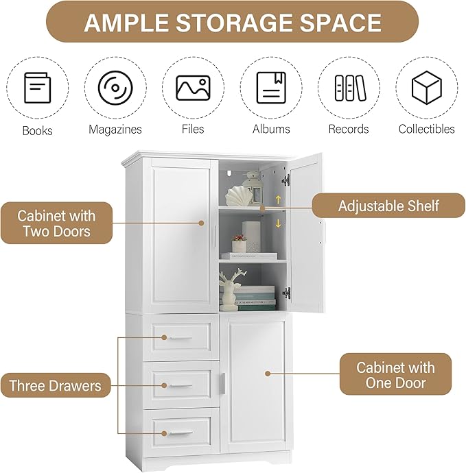 Merax Storage Cabinet with Three Drawers and Doors, Wide Pantry Cupboard for Kitchen, Living Room and Bathroom, Adjustable Shelf, White