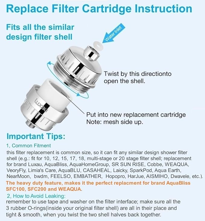 Heavy Duty Shower Filter Replacement Cartridge 2 Pcs, Shower Head Filter Refill Cartridge, for Hard Water Chlorine Heavy Metal Impurity, Improve Skin Hair, Fit Any Similar Design Shower Water Filter