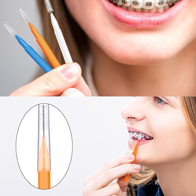 Patelai 100 Pieces Braces Brush for Cleaner Interdental Brush Toothpick Dental Tooth Flossing Head Oral Dental Hygiene Flosser Toothpick Cleaners Tooth Cleaning Tool(White, Orange, Blue,Proper Size)