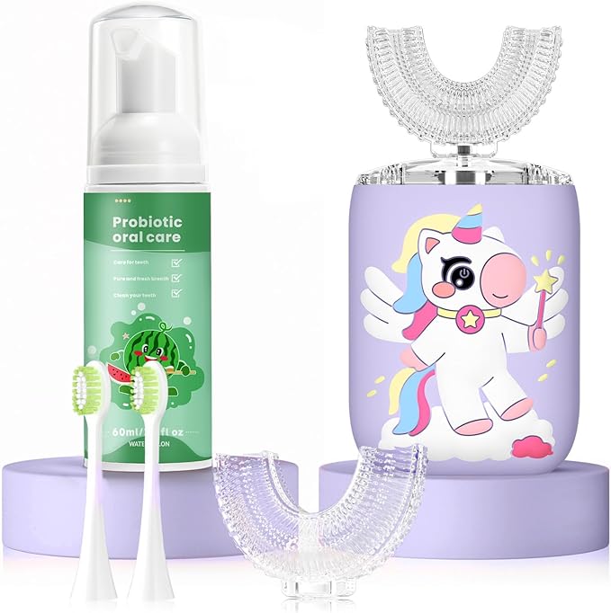 Kids Electric U Shaped Toothbrush Unicorn Rechargeable Sonic Toothbrush with 4 Soft Brush Heads with Kid Toothpaste IPX7 Waterproof - (Age 2-15, Purple)