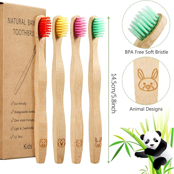 Boao 16 Pcs Kids Bamboo Toothbrush Soft Bristle Natural Toothbrush Wooden for Kids with Colorful Bristles and Ergonomic Animal Designs Handles