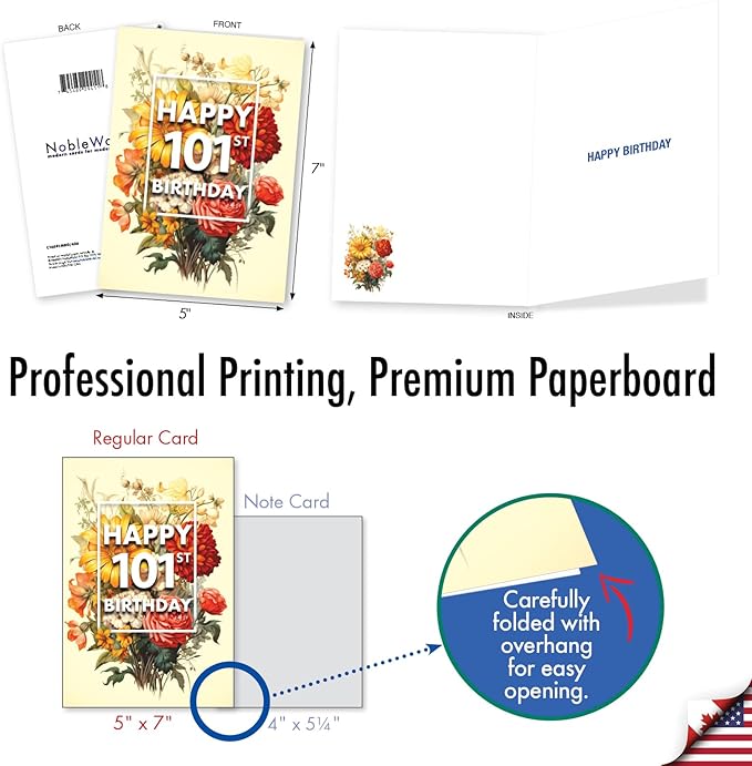 NobleWorks 101th Birthday Milestone Greeting Card with 5 x 7 Inch Envelope (1 Card) Flowers For Milestones - 101 C10581MBG