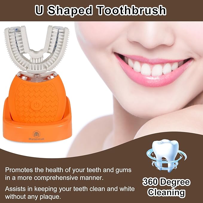 Magentak Electric U Shaped Toothbrush for Adult,360 Degree Automatic Cleaning, Ultrasonic Tooth Brush has 23760 Nylon Bristles and 3 Modes Standard, Fast, Ultra Fast(Orange)