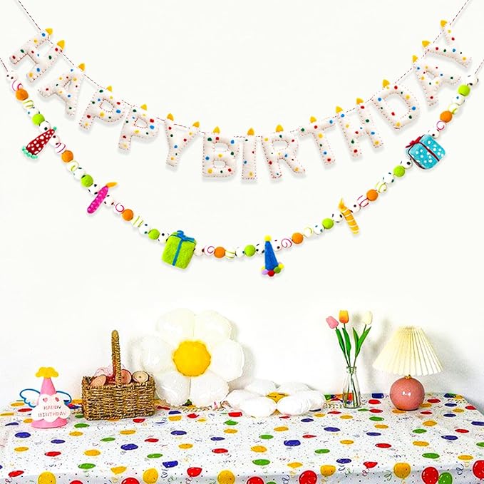 Pre-Strung Happy Birthday Banner Handmade Wool Felt HAPPY BIRTHDAY Garland, Reusable Rainbow Party Decorations,Personalized Holiday Sign for Kids Birthday Party Decor,Photo Prop (Confetti Dots Banner)