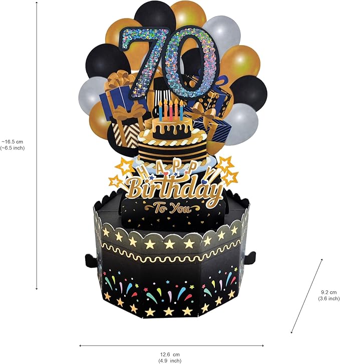 70th Birthday Cards 3D Popup Birthday Greeting Cards - Birthday Greeting Card for Men, Women, Mom,Dad and Grandparents with Blank Note and Envelope Included (Black Gold)