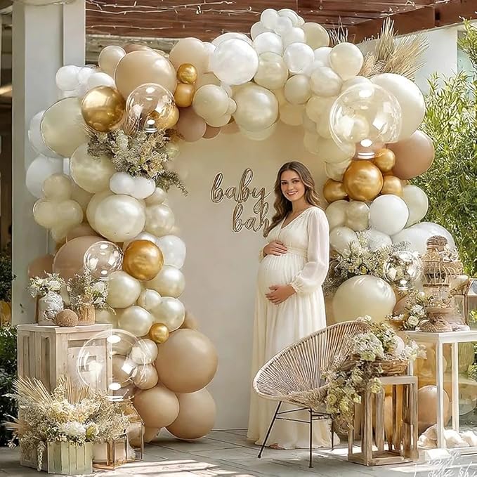 White Sand Gold Balloon Garland, Double Stuffed Pearl White Gold Cream Beige Balloons Clear Bobo Latex Balloon Arch Kit for Wedding Bridal Shower Birthday Baby Shower Gender Reveal Party Decorations