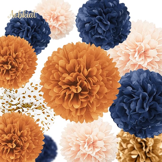 AOBKIAT Boho Fall Wedding Party Decorations,15PCS Navy Blue Orange Tissue Paper Pom Poms Colorful Paper Garland String Hanging Backdrop for Baby Shower,Bridal Shower,Gardens Celebration