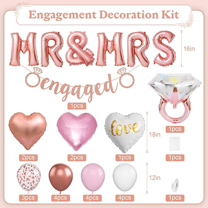 Rose Gold Engagement Party Decorations, MR and MRS Balloons Decor, Pink White Confetti Balloons, Love Heart and Diamond Ring Foil Balloon with Engaged Banner for Wedding Engagement Party Decoration