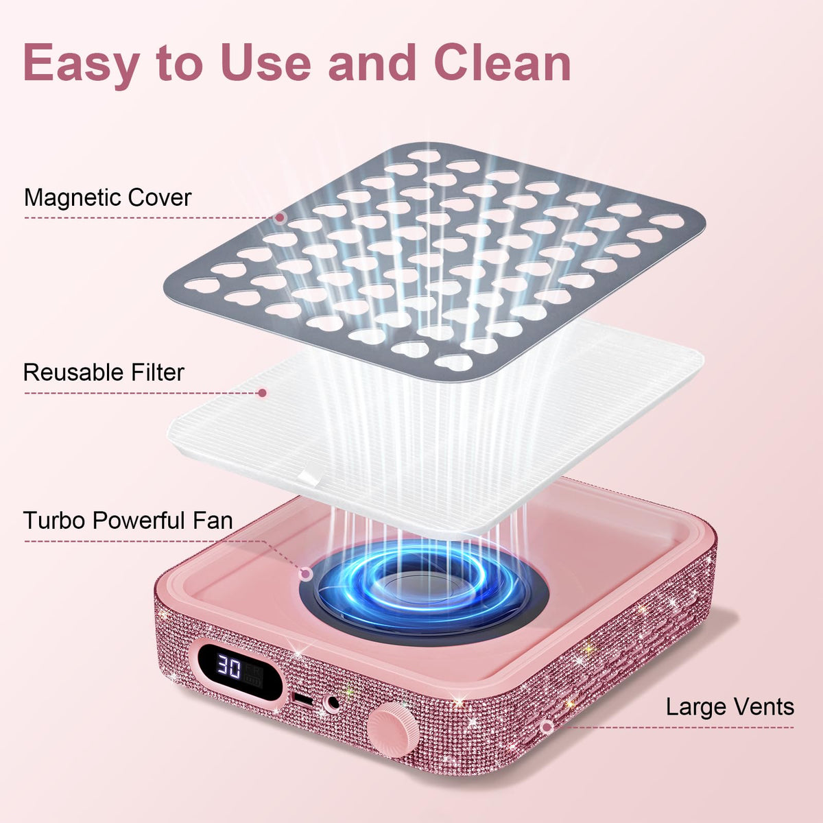 Ludysic Nail Dust Collector with 2 Reusable Filters,Nail Vacuum Dust Collector Quiet for Nail Tech Art, Powerful Nail Fan and Duster Collector,Nail Vacuum Cleaner for Salon and Home(Pink Diamond)
