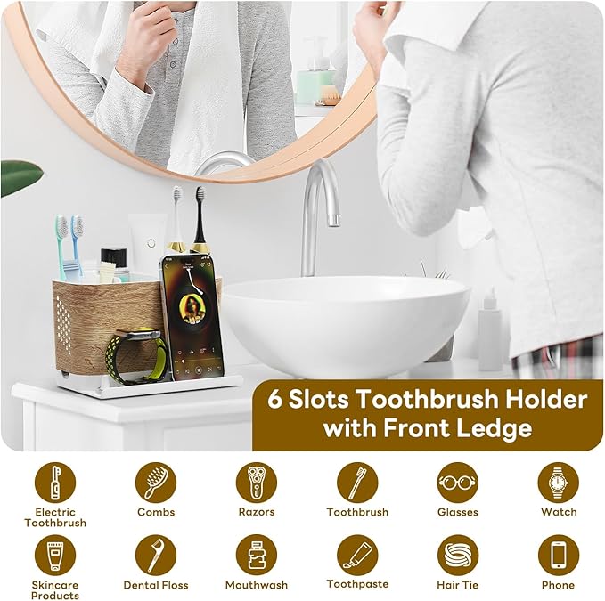 Bathroom Organizers and Storage 6 Slots Wood Grain Electric Toothbrush Holders with Phone Holder and Adjustable Dividers, Cord-Friendly Toothbrush Organizer with Drainage for Family, Kids