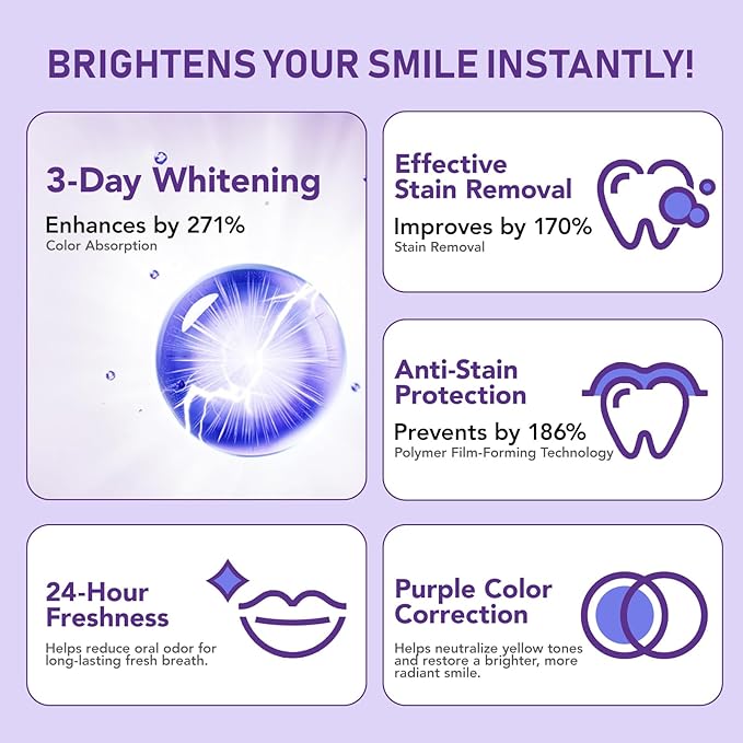 Purple Brightening Powder - Purples Toothpaste for Teeth Whitening-No Sensitivity- Stain Removal & Enamel Safe | Fresh Breath Formula with Unique Purple |for Coffee/Smokers/Tea