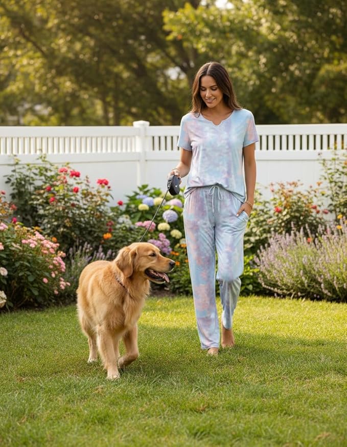 Ekouaer 2 Piece Womens Pajamas V Neck Short Sleeve Top and Long Pants Pjs Print Lounge Set Sleepwear