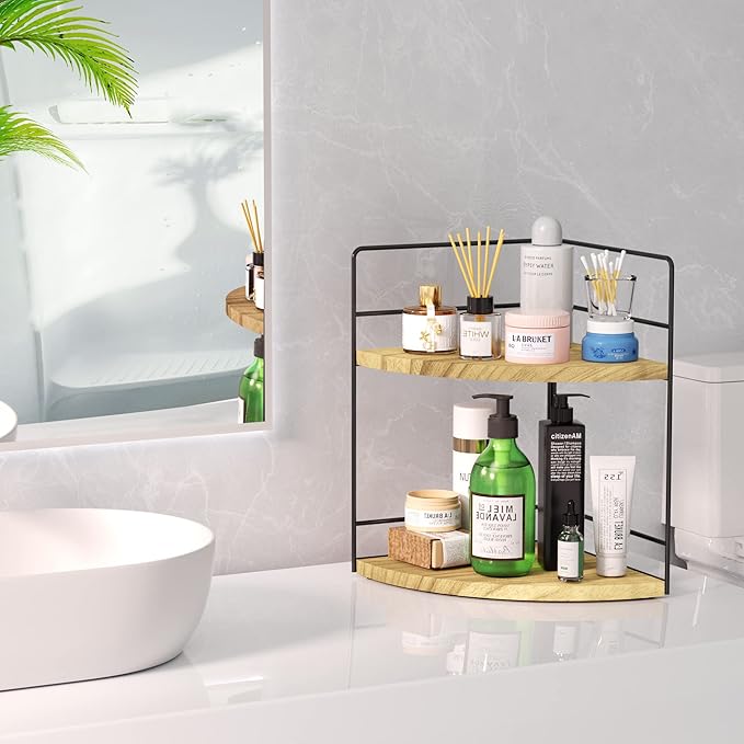 ZGO 2-Tier Bathroom Counter Organizer, Corner and Makeup Organizer for Vanity and Kitchen Counter, Wood