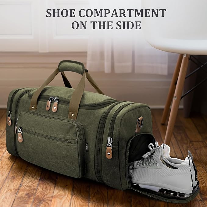 Gonex Canvas Duffle Bag 60L Travel Duffel Overnight Weekend Bag with Shoe Compartment (Army Green)