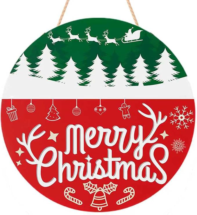 OHOME Christmas Decorations Outdoor - Christmas Wreaths for Front Door | Rustic Round Wood Welcome Sign,Xmas Garland - Navidad Party Decor Favors Supplies for Door Wall Room Porch Kitchen
