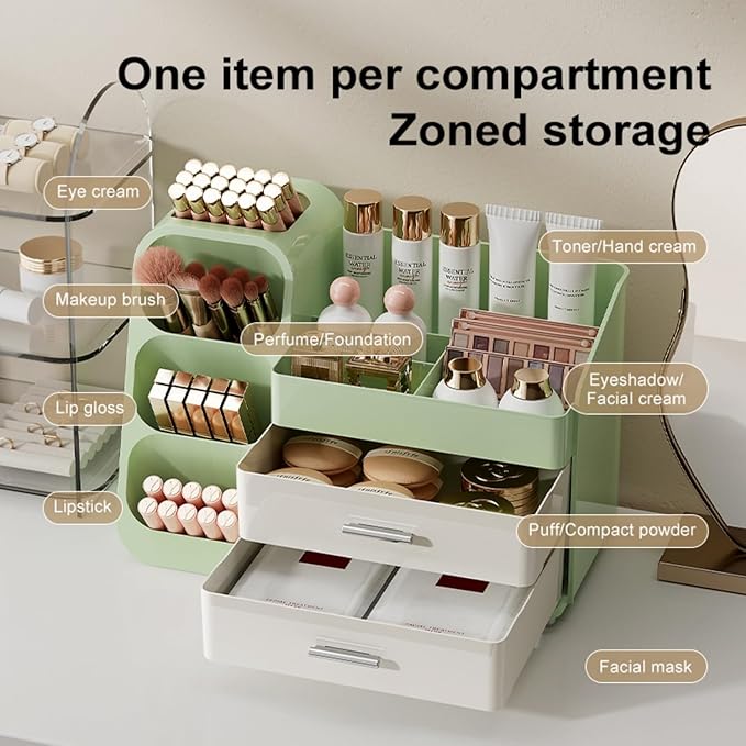 Makeup Organizer with Drawers for Vanity,Spacious Cosmetic Display Case,Perfect Storage Solution for Your Beauty Essential (Green and Cream)