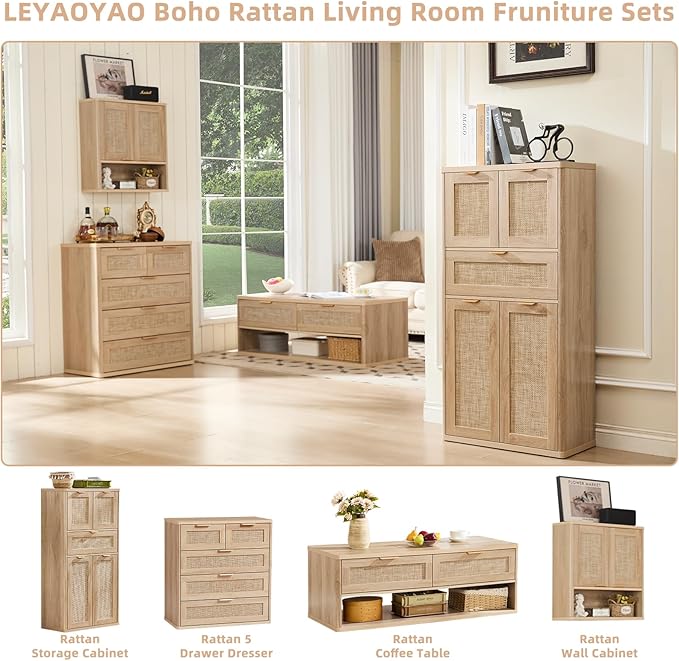 LEYAOYAO 48" Tall Storage Cabinet,Rattan Bathroom Floor Cabinets with 4 Doors & 1Drawer,Boho Kitchen Pantry with Adjustable Shelves,Wooden Cupboard for Living Room,Home Office,Dining,Natural Wood