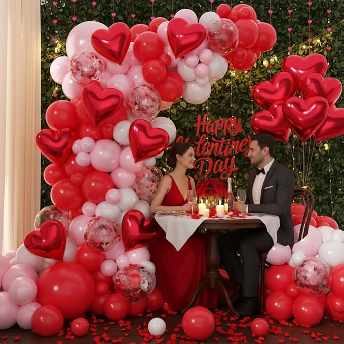 153pcs Valentines Day Balloons Garland Arch Kit, Red Pink White Confetti Heart Balloons Red Heart Foil Balloons Arch for Galentine's Day Wedding Anniversary Engagement Party Decorations
