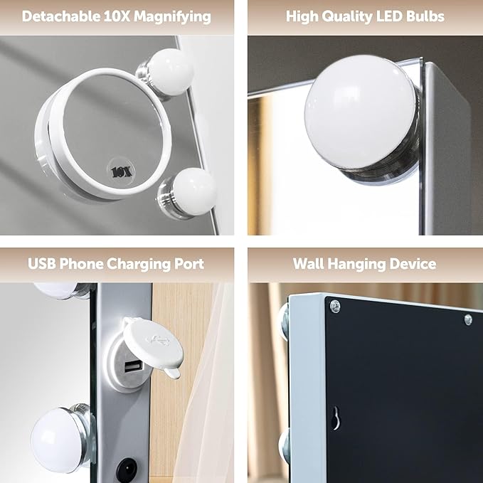Hollywood Vanity Mirror with Lights, 15 Dimmable LED Bulbs 3 Color Lighted Makeup Mirror with Detachable 10X Magnification Mirror, Tabletop or Wall-Mounted, Touch Control