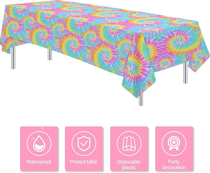 Tie Dye Party Tablecloth Decorations - Disposable Pastel Tie Dye Birthday Party Supplies Table Cover for Girls 1st 2nd 3rd Birthday Baby Shower - 3 Pack (54in x 108in)