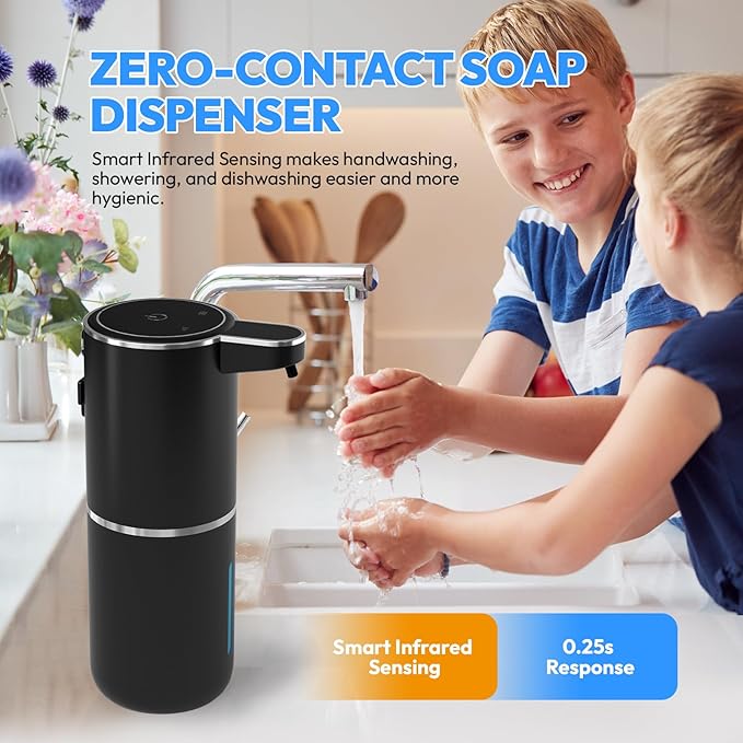 2 Pack Automatic Foaming Soap Dispenser,Touchless Foam Soap Dispenser,12.8oz Rechargeabled Wall Mounted Smart for Bathroom and Kitchen Dish Soap,Easy for Toddlers(Black)