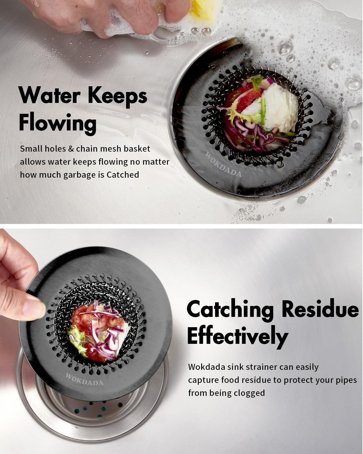 Sink Drain Strainer, Reversible Mesh Sink Strainer with 304 Stainless Steel, Wokdada Revolutionary Anti-Rust Kitchen Sink Drain Strainer for Garbage Disposal Food Catcher (Black)