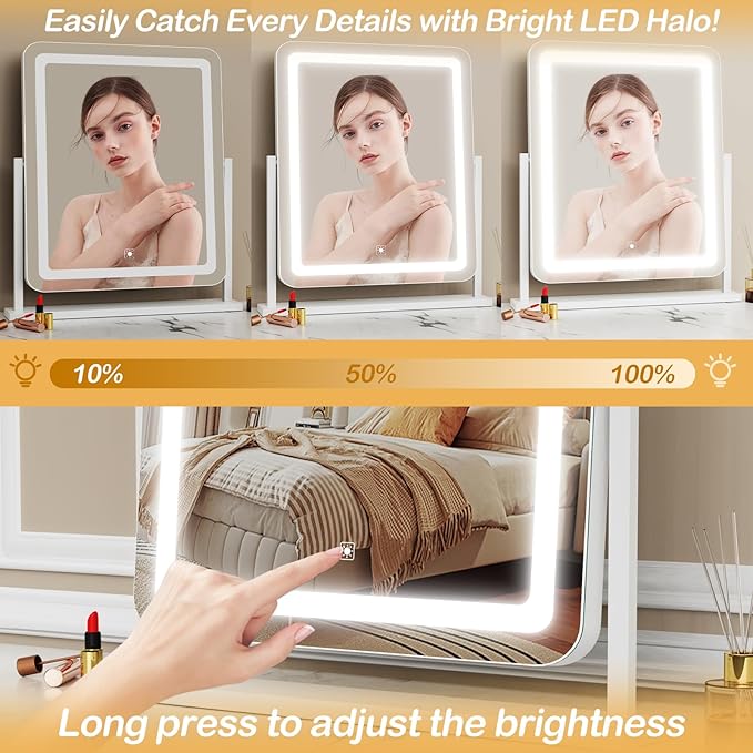 Lighted Makeup Mirror, Hollywood Vanity Mirror with Lights, Three Color Lighting Modes, and 5X Magnification Mirror, Smart Touch Control, 360°Rotation (17.2in. White)