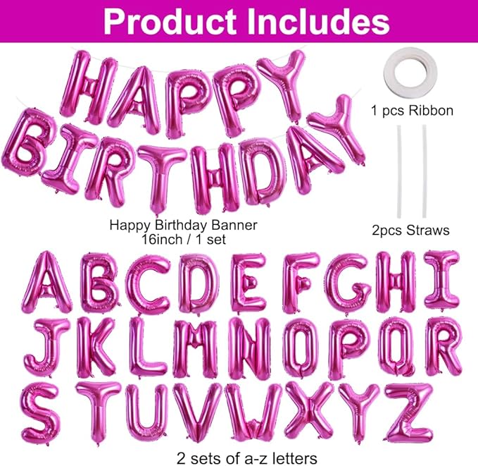 TONIFUL 65 Pcs 16 Inch Rose Red Happy Birthday Balloons and 2 Sets A-Z Foil Letters Balloons DIY Personalized Phrase Banner for Birthday Celebration Halloween Thanksgiving Christmas Party Decorations