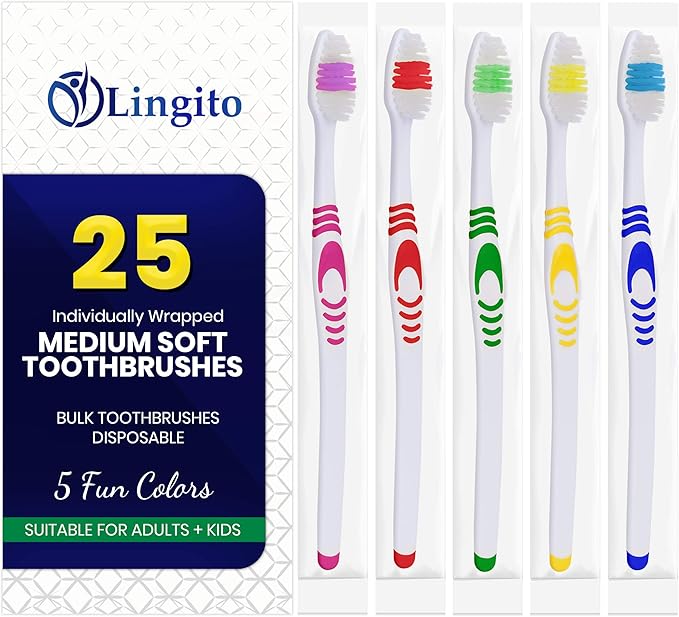 Lingito 25 Bulk Toothbrushes | Individually Wrapped | Manual Disposable Travel Toothbrush Set for Adults or Kids | Made with a Medium-Soft Large Head | Multi-Color | Travel Toiletry Oral Set