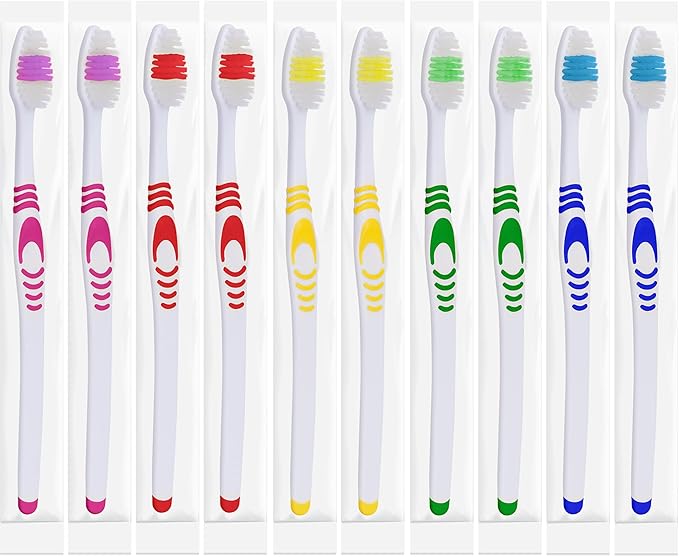 Lingito Bulk Toothbrushes - Individually Wrapped, Manual Disposable Travel Toothbrush Set for Adults or Kids, Made with a Medium-Soft Large Head, Travel Toiletry Oral Set (10-Pack, Multicolor)
