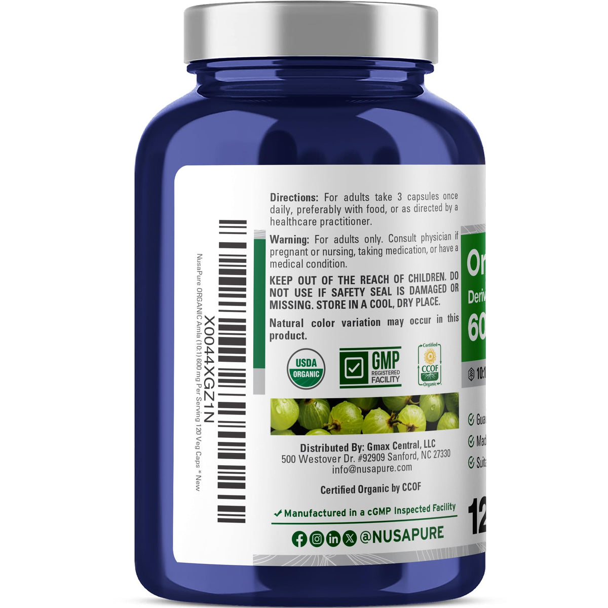 NusaPure Organic Amla Capsules 600 mg , 120 Veg Capsules (USDA, Vegan, Non-GMO)
