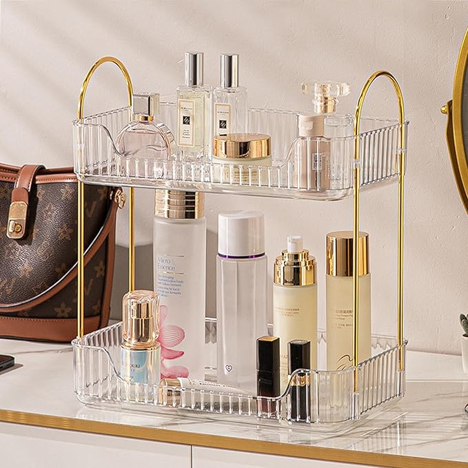Aveniee Bathroom Counter Organizer, 2 Tier Perfume Skin Care Countertop Storage Shelf, Vanity Makeup Tray for Cosmetic Skincare Lotion,Clear