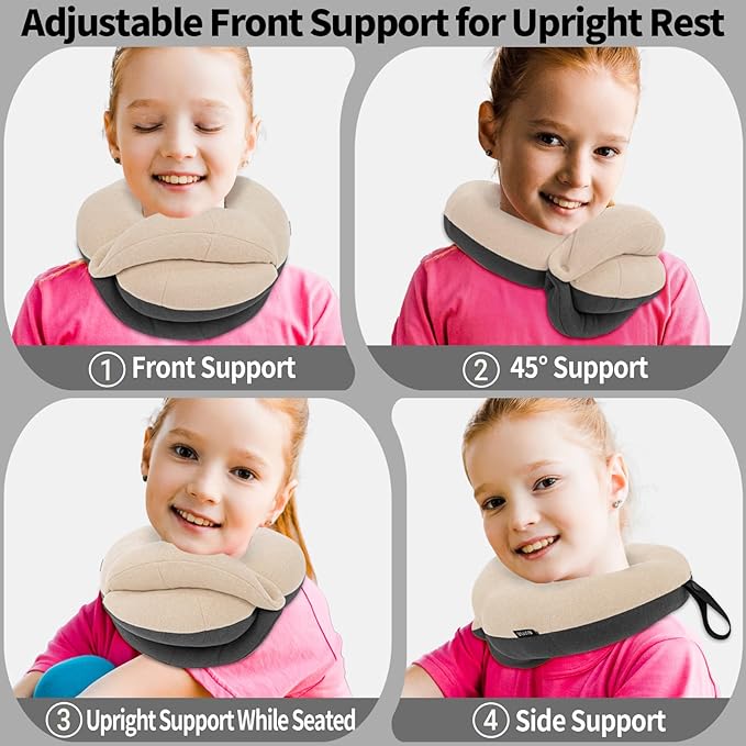 BUYUE Kids Travel Pillows for Airplane, 360° Head Support Sleeping Essentials for Boys Long Flight, Skin-Friendly Soft Neck Pillow for Traveling in Car Seat, (Small, Beige Grey, 40-90 lbs)