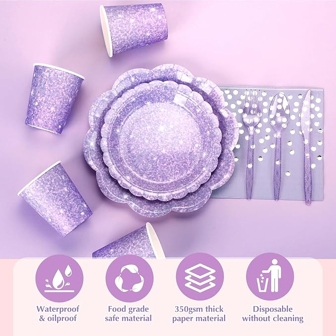 Hushee 175 Pcs Light Purple Holographic Print Party 25 Guests Disposable Dinnerware Set Include Paper Plates, Napkins, Paper Cups, Plastic Tableware for Birthday Party