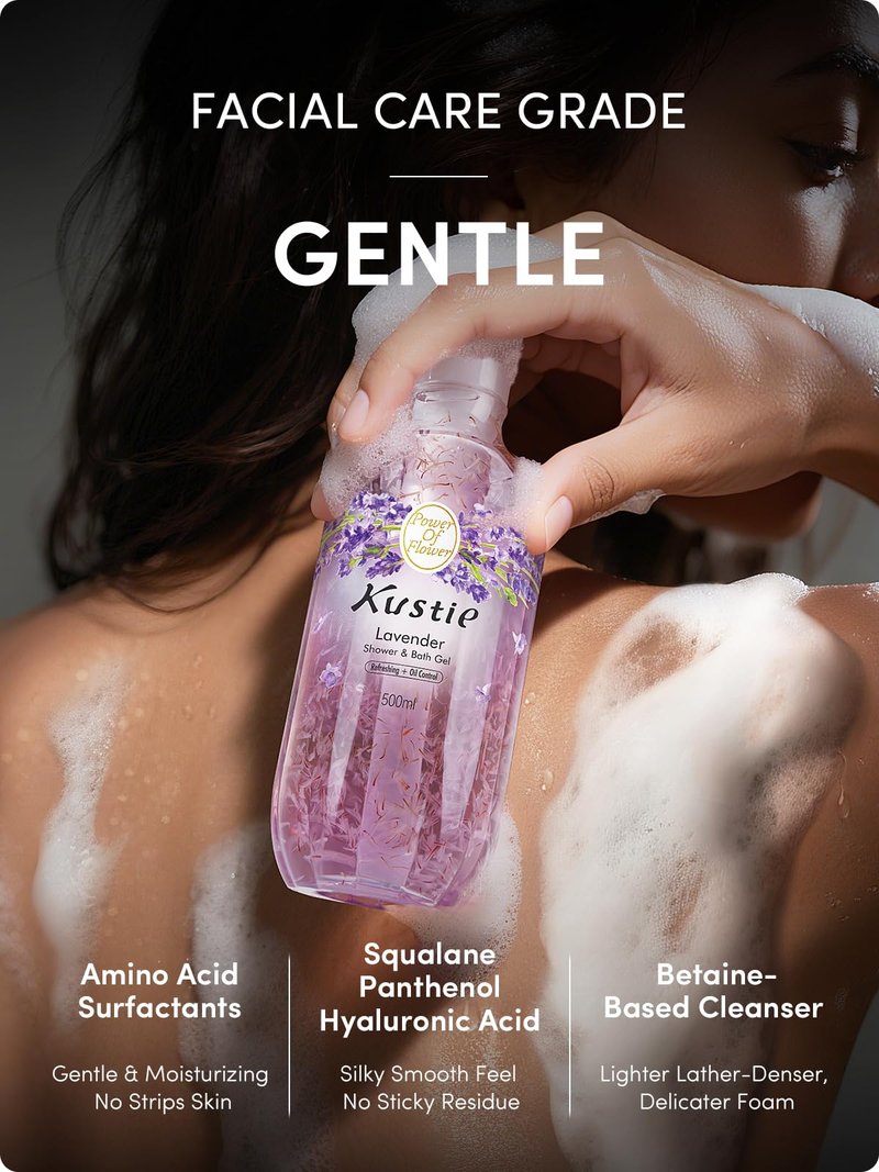 Kustie Sakura Floral Body Wash with Real Petals – Botanical Shower Gel with Niacinamide & Hyaluronic Acid, Spa Cleanser with Fresh Floral Scent, 16.9 fl oz