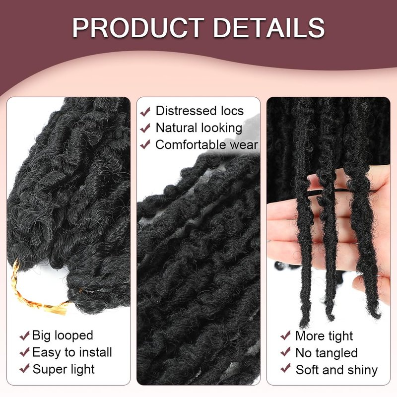 GetGal 24 inch Butterfly Locs Crochet Hair Pre Looped Distressed Faux Locs Crochet Hair for Black Women 6 Packs Butterfly Soft Locs Natural Hair Extension(24inch,1B)