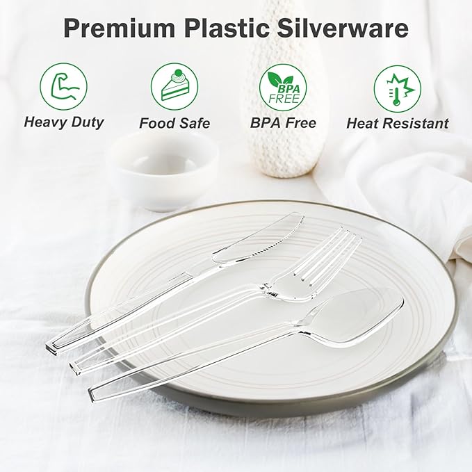 300 Count Extra Heavy Duty Clear Plastic Silverware, 100 Forks, 100 Spoons, 100 Knives, BPA-Free, Heat Resistant, Disposable Plastic Utensils Set, Plastic Cutlery Set, Plasticware Bulk