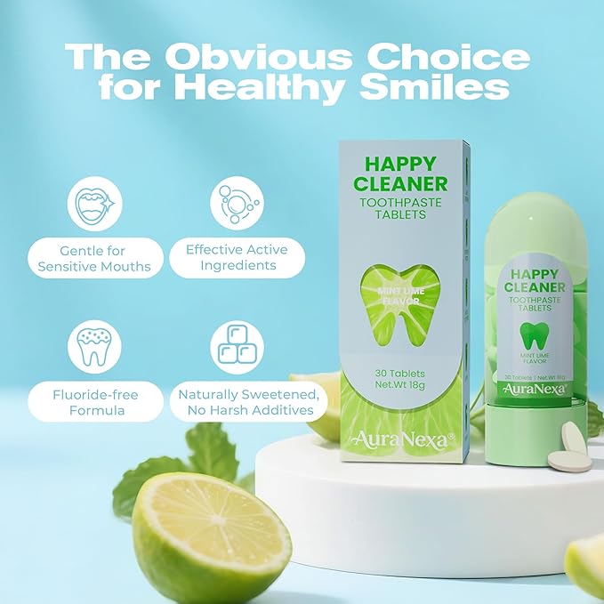 Auranexa Whitening Toothpaste Tablets – Remineralizing Nano Hydroxyapatite Chewable Toothpaste with Xylitol & Probiotics, Gentle Fluoride-Free Clean, Fresh Lime Mint, 30 Tablets