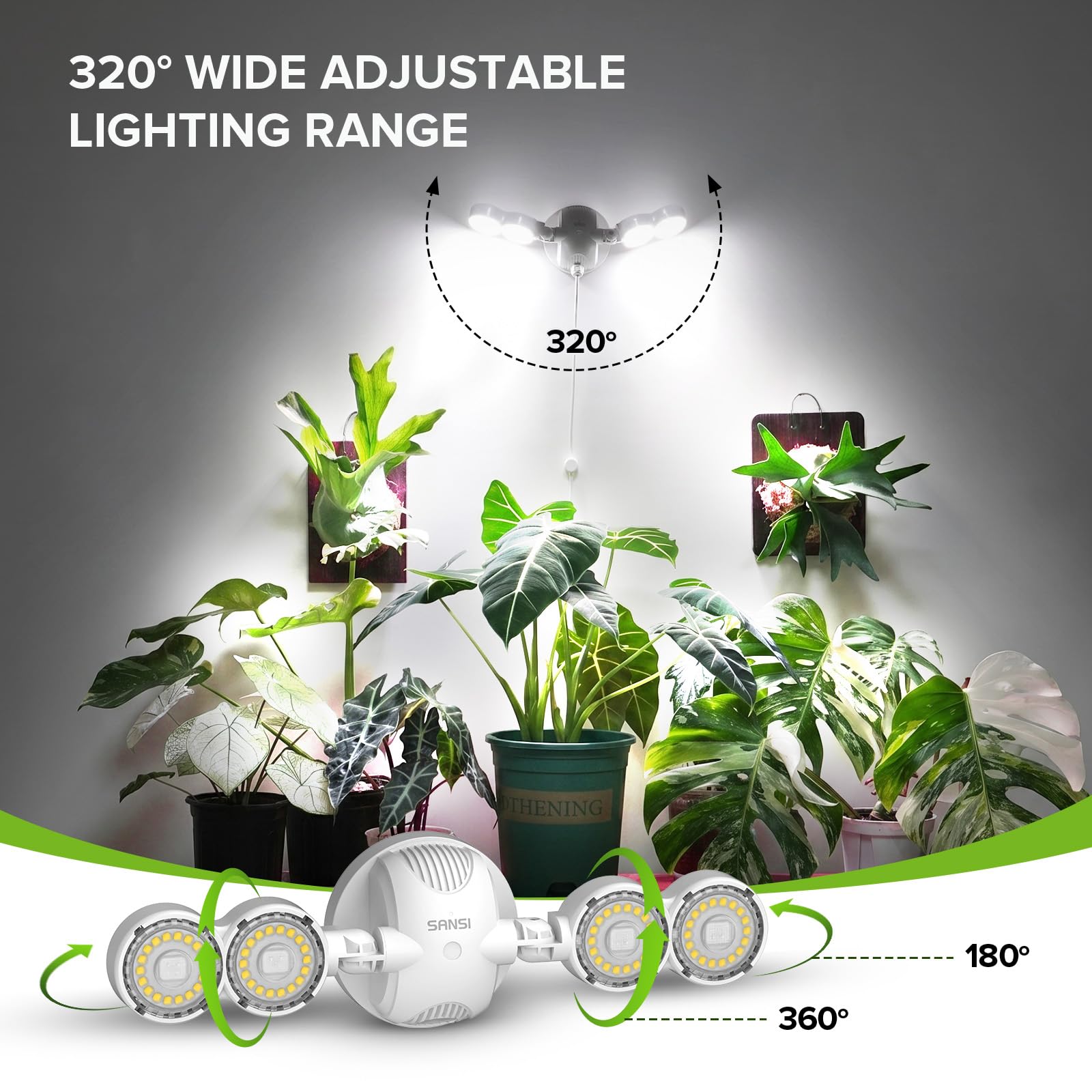 SANSI Wall Mounted Grow Light, 30W Dual Head Full Spectrum with Remote