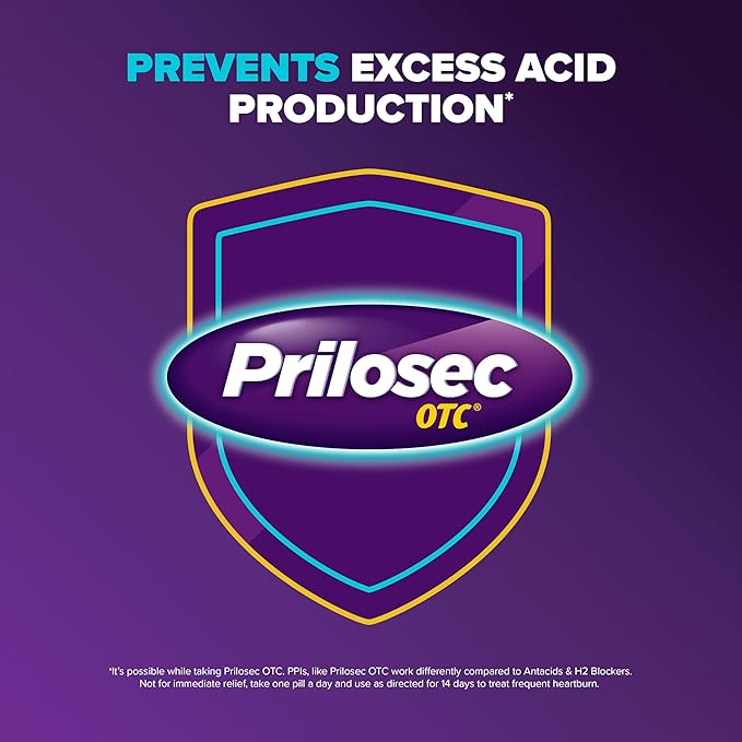 Prilosec OTC, Omeprazole Delayed Release 20mg, Acid Reducer, Treats Frequent Heartburn for 24 Hour Relief, All Day, All Night*, 20mg, 42 Tablets