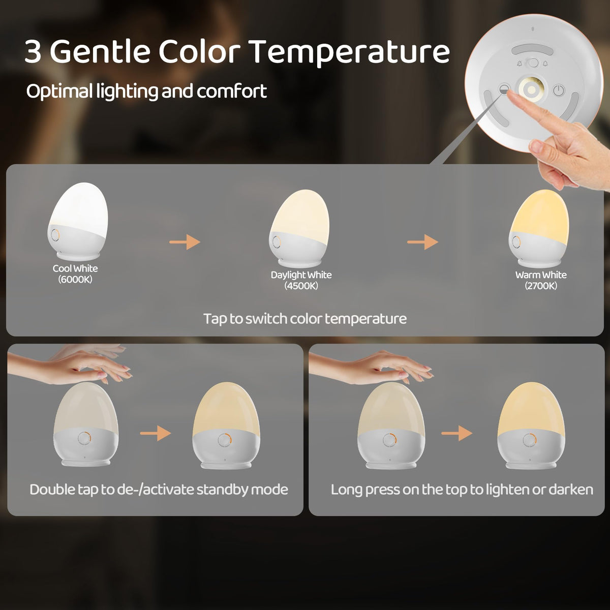 ZUZUKID Touch Egg Night Light for Baby Nursery, Rechargeable Portable Kids Nightlight Lamp with 1-6H Feeding Timer, 3 Color Temperatures Dimmable, Ideal for New Moms of Toddlers