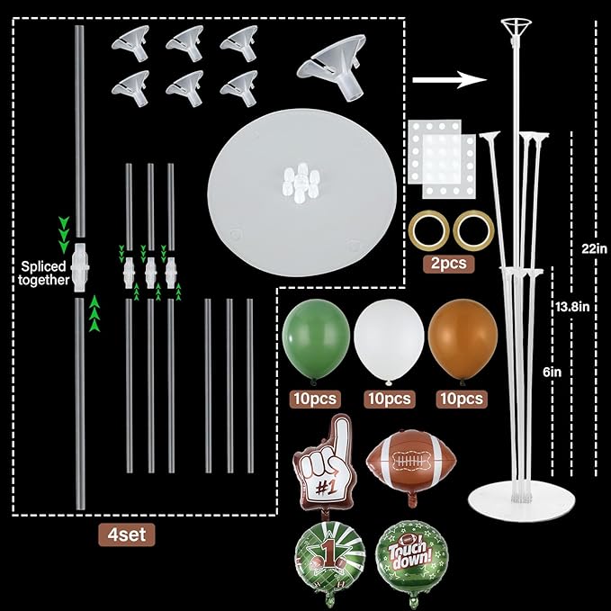 4 Sets Football Party Balloons Stand Kit with Football Shaped Count Touchdown Foil Balloons Party Balloon Centerpiece for Tables for Tailgate Game Day Birthday Sports Event Rugby Themed Decorations