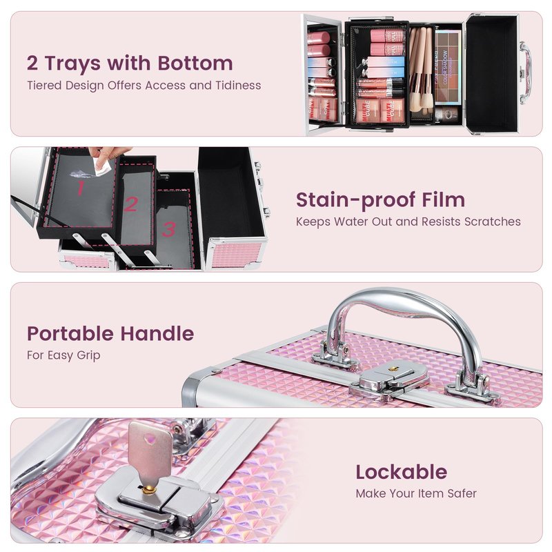 FRENESSA Makeup Train Case Makeup Box Organizer Portable Cosmetic Travel Case Makeup Case with Mirror Locking Make Up Cases Organizers and Storage for Nail Supplies Hard Cosmetic Box Shiny Pink