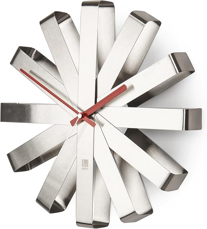 Umbra Ribbon Modern 12-inch Wall Clock, Battery Operated Quartz Movement, Silent Non Ticking Wall Clock, Stainless Steel