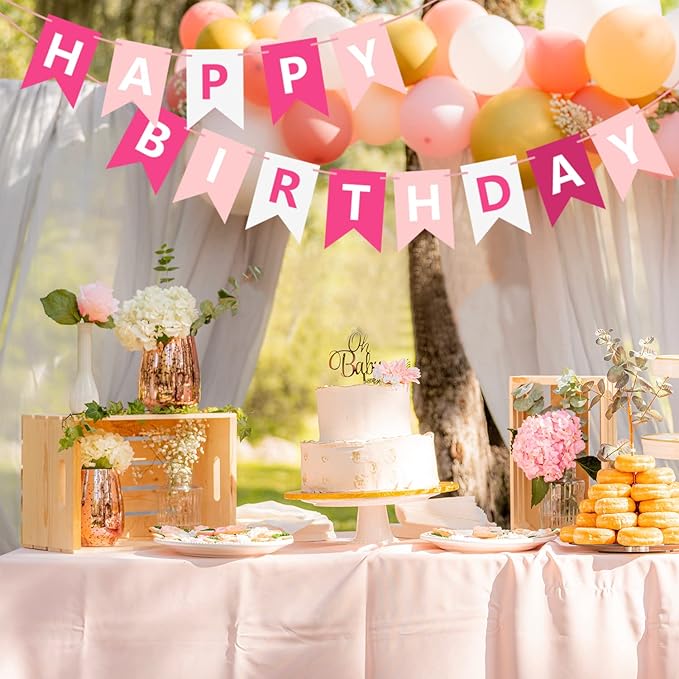 Pink Happy Birthday Banner Sign Happy Birthday Bunting Banner Garland for Kids Girls Baby 1st Birthday Tea Party Decorations Bunting Flag Birthday Party Supplies