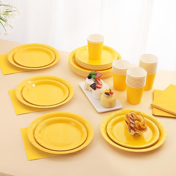 200Pcs Yellow Birthday Decorations, Yellow Plates and Napkins Party Supplies Serves 50, Yellow Paper Plates for Bee Sun Sunshine Baby Shower Easter Mardi Gras Spring Summer Party Decorations