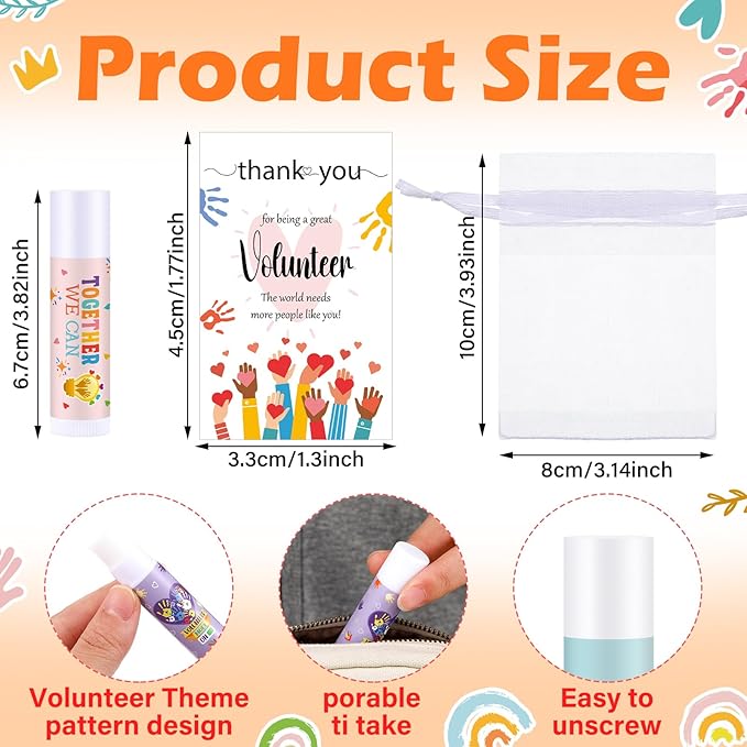 36 Set Volunteer Appreciation Gift Bulk Volunteer Lip Balm Thank You Card Organza Bag for Charity Ministry Social Worker Church Coworker Valentine's Day Birthday Party Favor Decoration