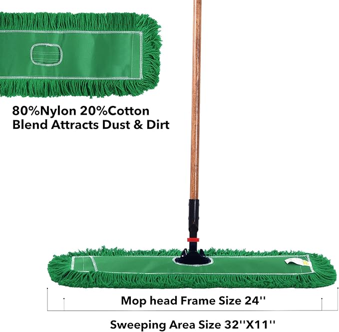 Matthew Cleaning 24'' Industrial Strength Cotton Dust Mop Refill Washable Replacement Heads for Residential & Commercial Use Fit Standard Dust Mop Frames, Hardwood,Concrete Floors Green 1 Pack