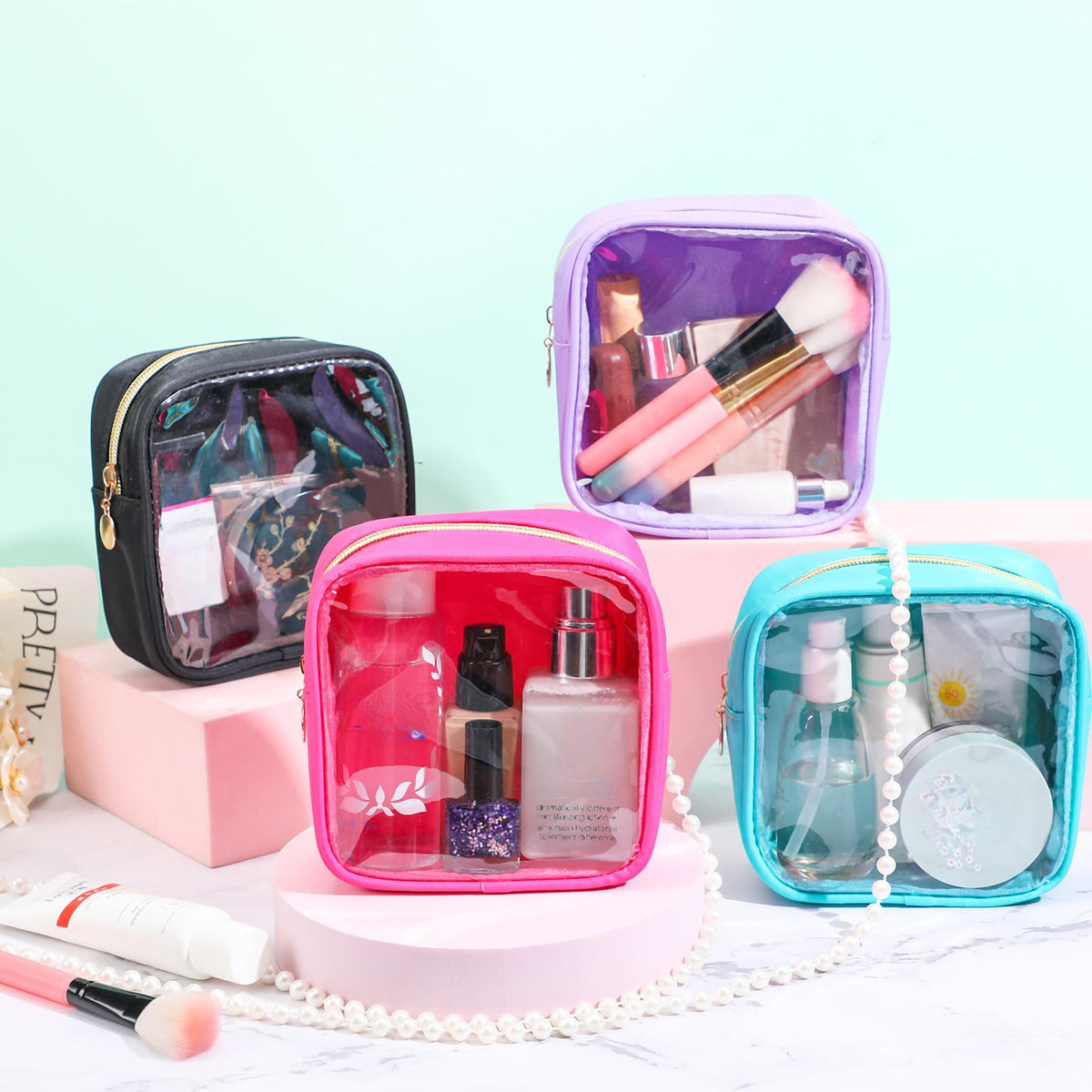 Hushee 4 Pcs Clear Nylon Makeup Bag for Women Gifts Preppy Cosmetic Bag PVC Travel Toiletry Zipper Pouch Waterproof Storage Organizer Pouch for Women(Mini)