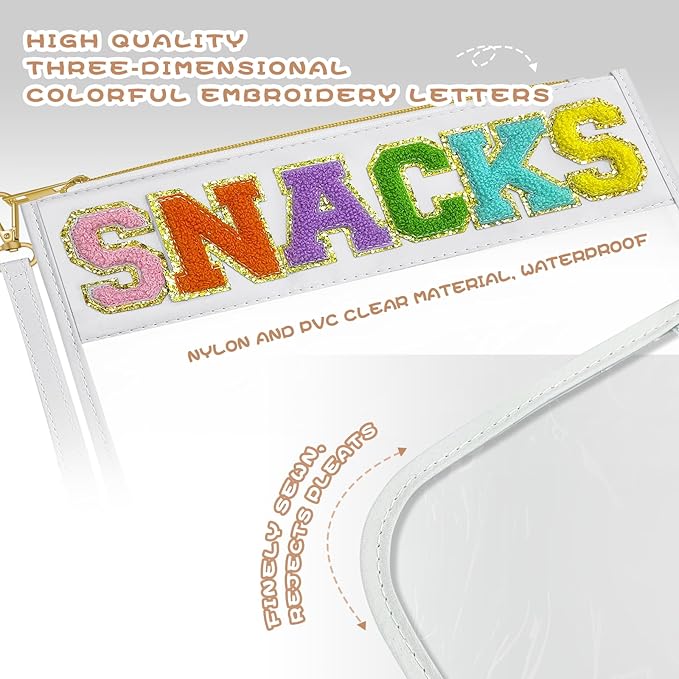 Chenille Letter Clear Travel Zipper Pouch Nylon Makeup Bag, Preppy Makeup Bag Clear Cosmetic Toiletry Bag, Water-proof Makeup Travel Pouch Snack Bags for Women (White-Snacks)